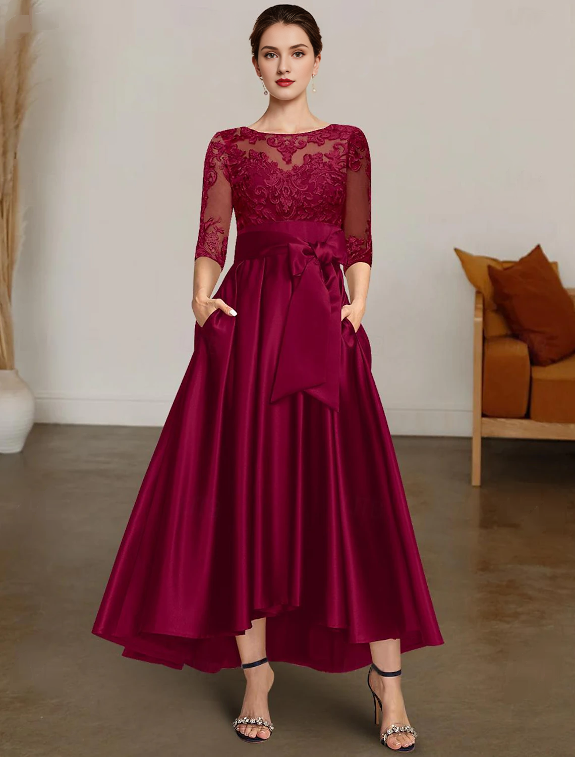 Burgundy Lace Satin A-Line High-Low Evening Dress with Lace Bodice, High-Low Hem & Bow Waist