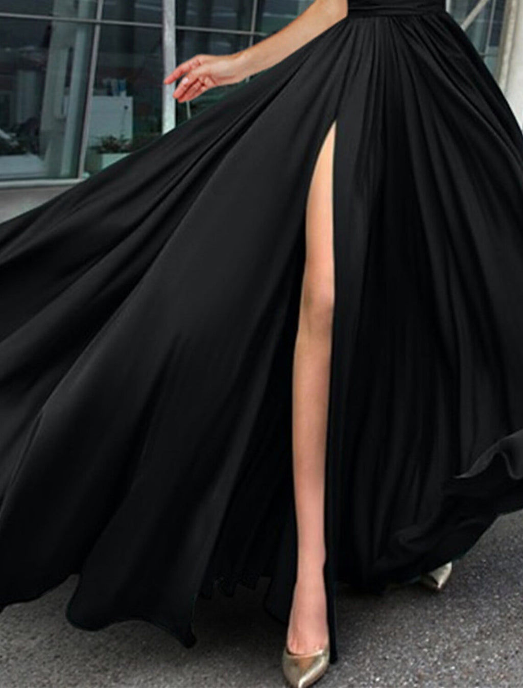Vestido de fiesta de corte A, vestido negro, vestido de invitada de boda, corbata negra, cola de corte, manga corta, cuello en V, tela con abertura fruncida