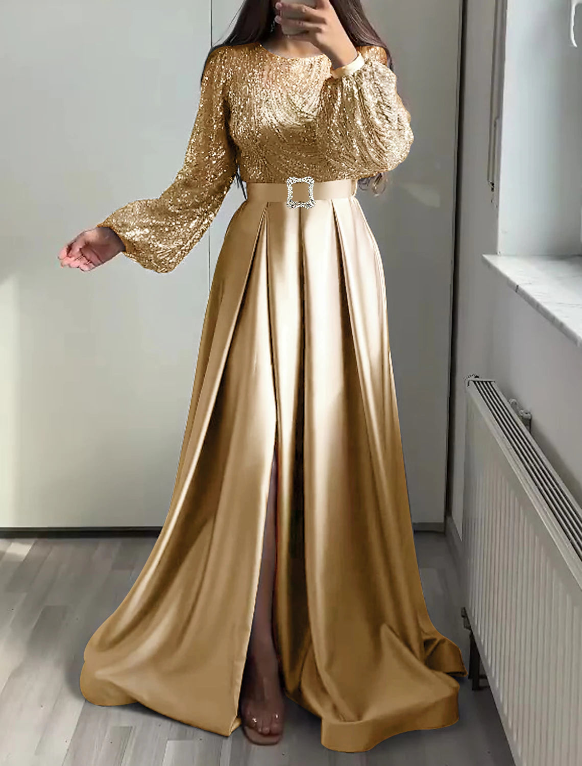 A-Line Evening Gown Glittering Dress Wedding Black Tie Floor Length Long Sleeve Jewel Neck Fall Wedding Guest Satin with Sequin 2025