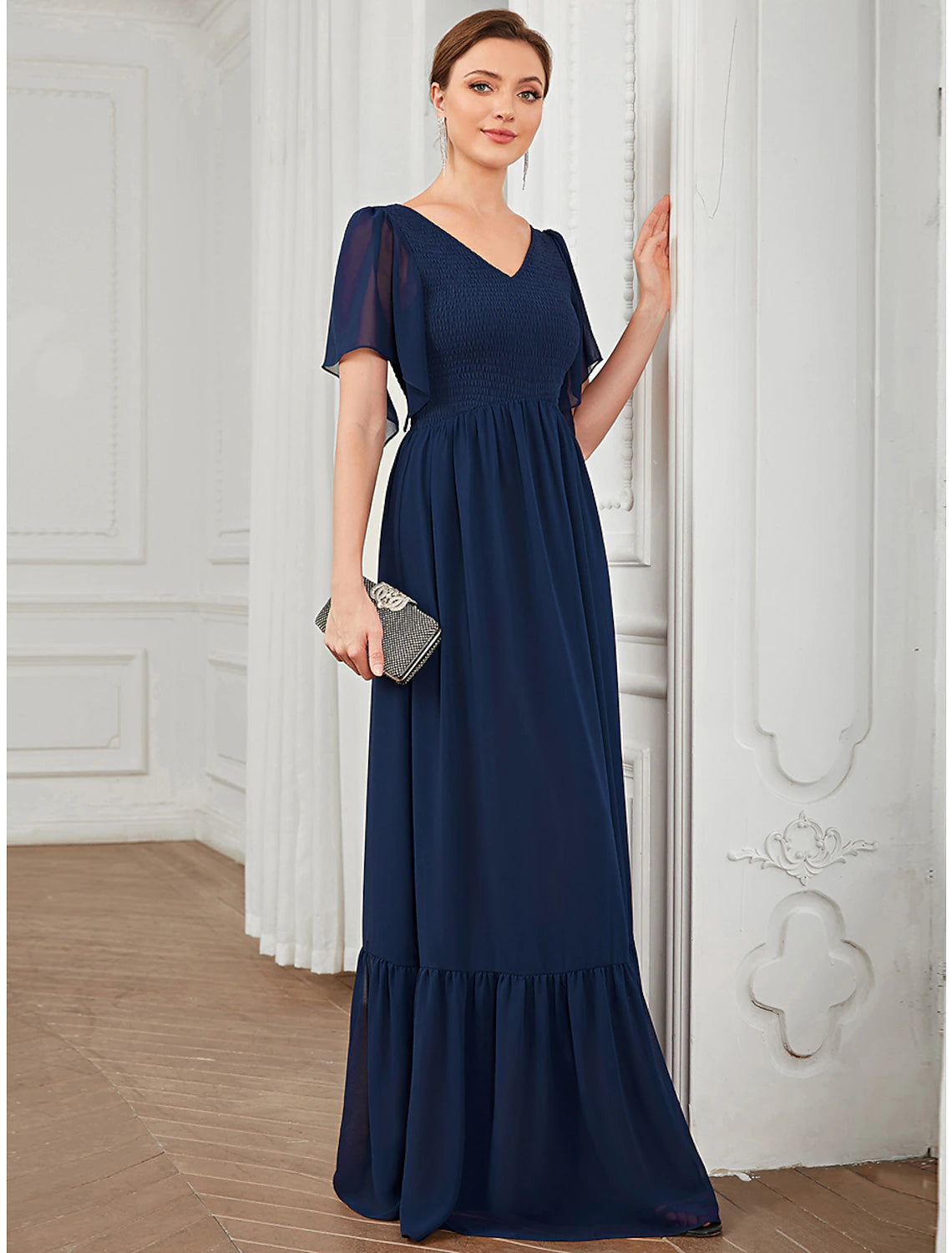 Dark Navy Chiffon A-Line Floor-Length Bridesmaid Dress with V-Neck, Flutter Sleeves & Smocked Bodice