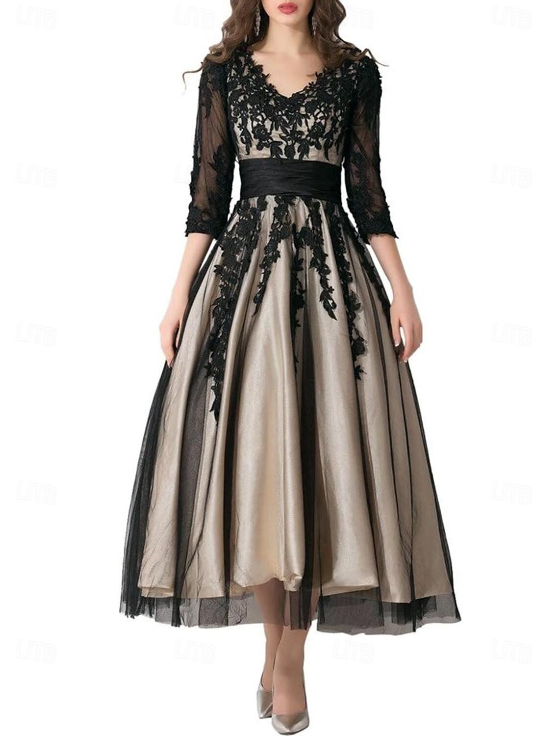 Abito da cerimonia per la madre della sposa, a trapezio, elegante, stile vintage, con scollo a V, lunghezza alla caviglia, in pizzo e tulle, maniche a 3/4 con applicazioni a pieghe