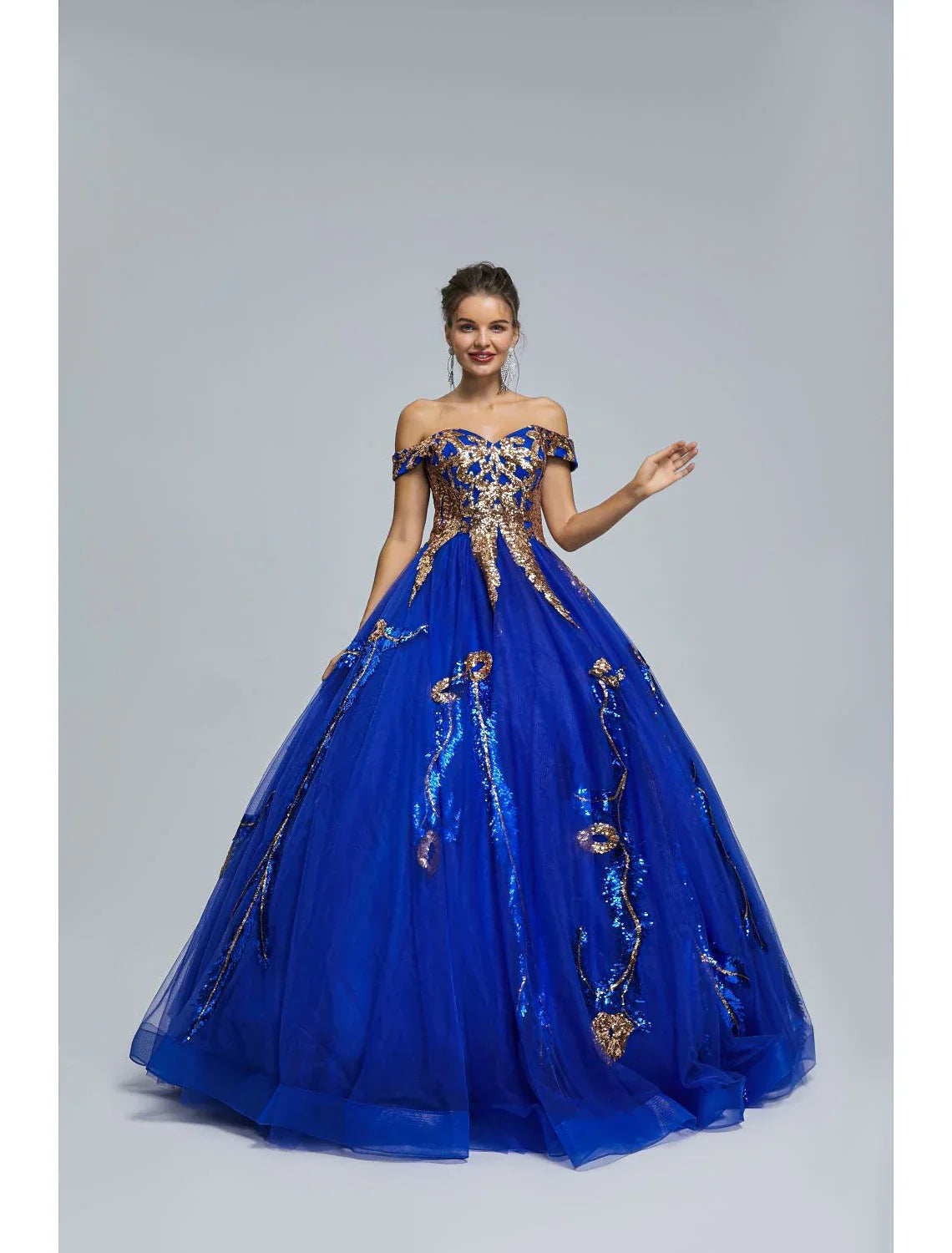 Royal Blue Tulle Ball Gown Floor-Length Evening Dress with Off-the-Shoulder Sweetheart Neckline and Gold Sequin Embellishments