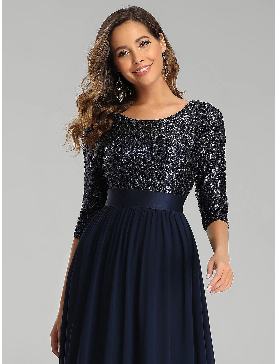 Abito da sera formale elegante a trapezio per invitati a nozze, scollo gioiello, maniche a 3/4, lunghezza pavimento, in tulle con paillettes