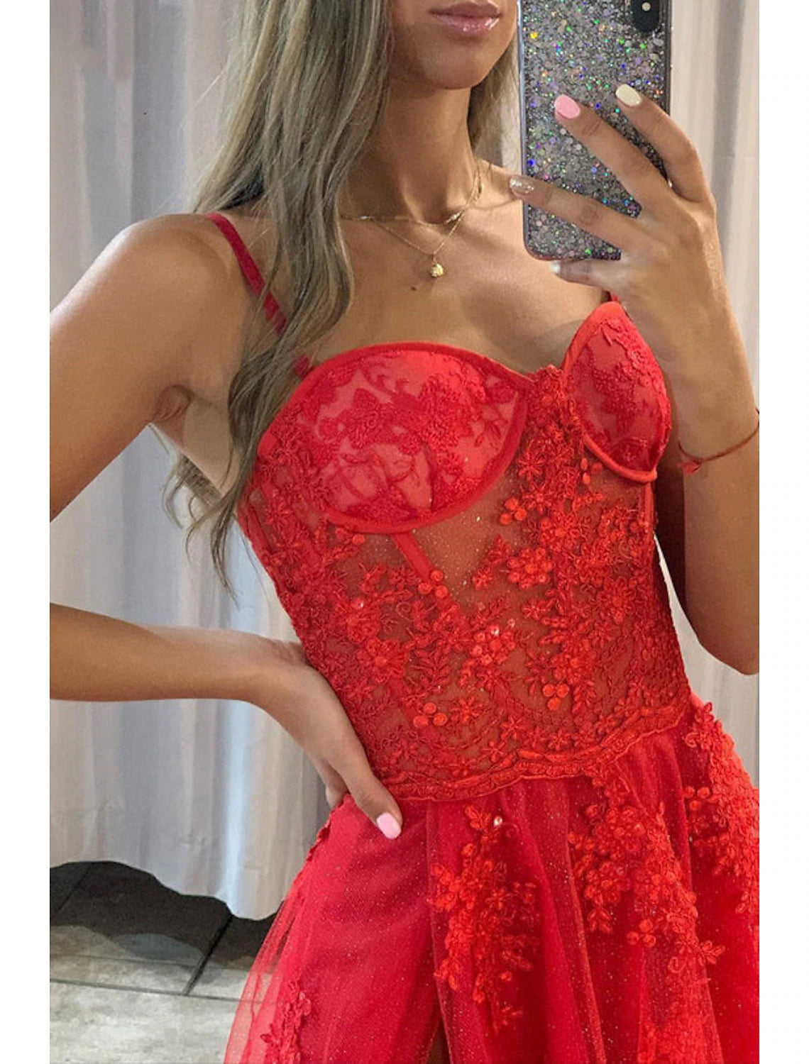Vestido de fiesta de corte A, rojo, verde, corsé, formal, para boda, fiesta, cola larga, sin mangas, tirantes finos, tul con apliques de abertura.