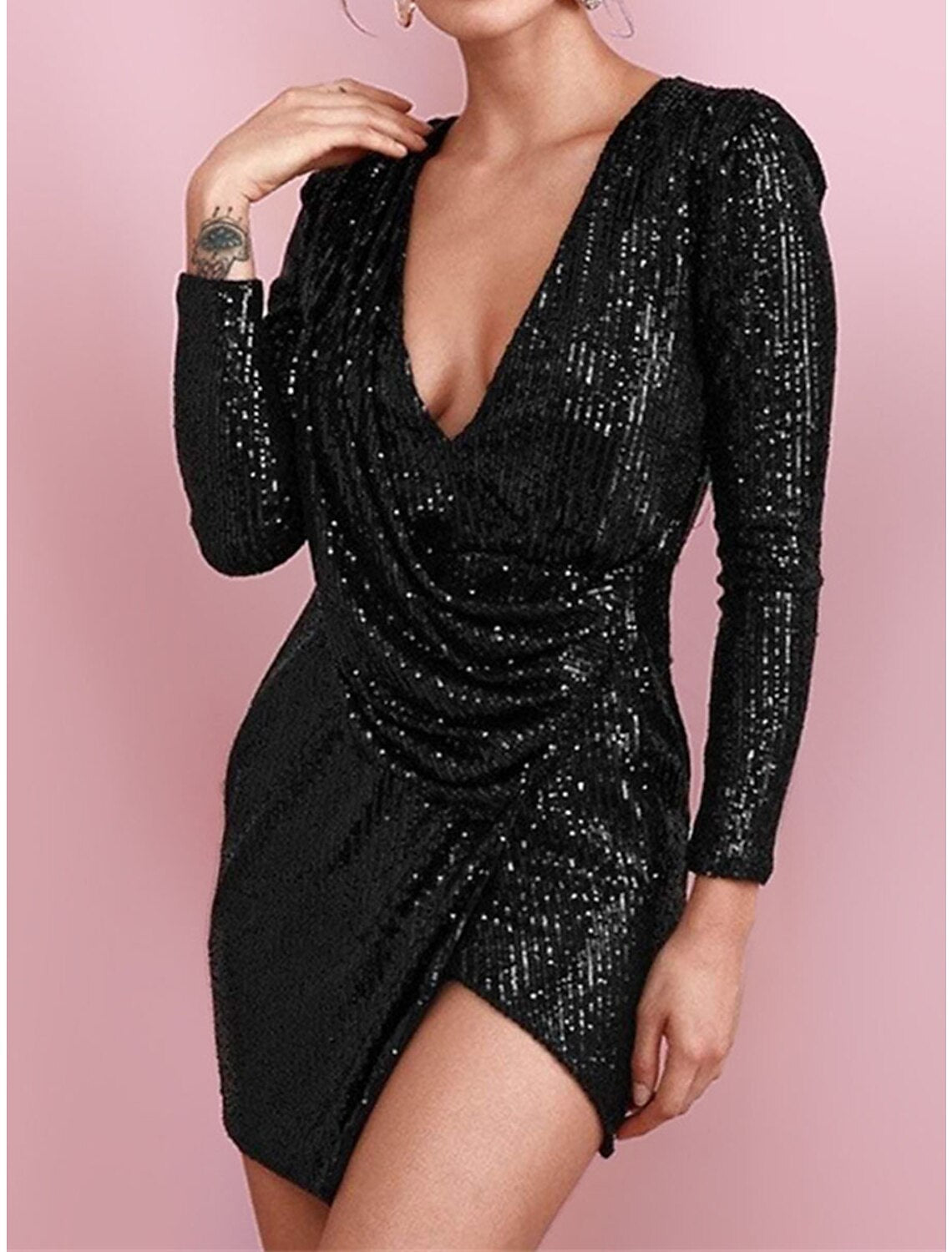 Women's Black Sequin Dress Party Dress Sparkly Dress Little Black Dress Sexy Dress Black Homecoming Dress Mini Dress White Long Sleeve Sparkly Glitter Spring Fall Winter