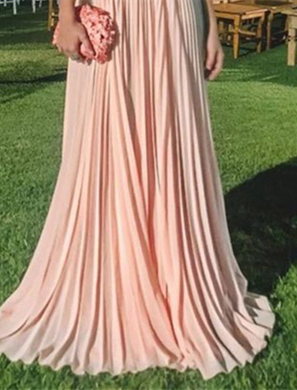 Blushing Pink Chiffon A-Line Floor-Length Dress with V-Neck and V-Back