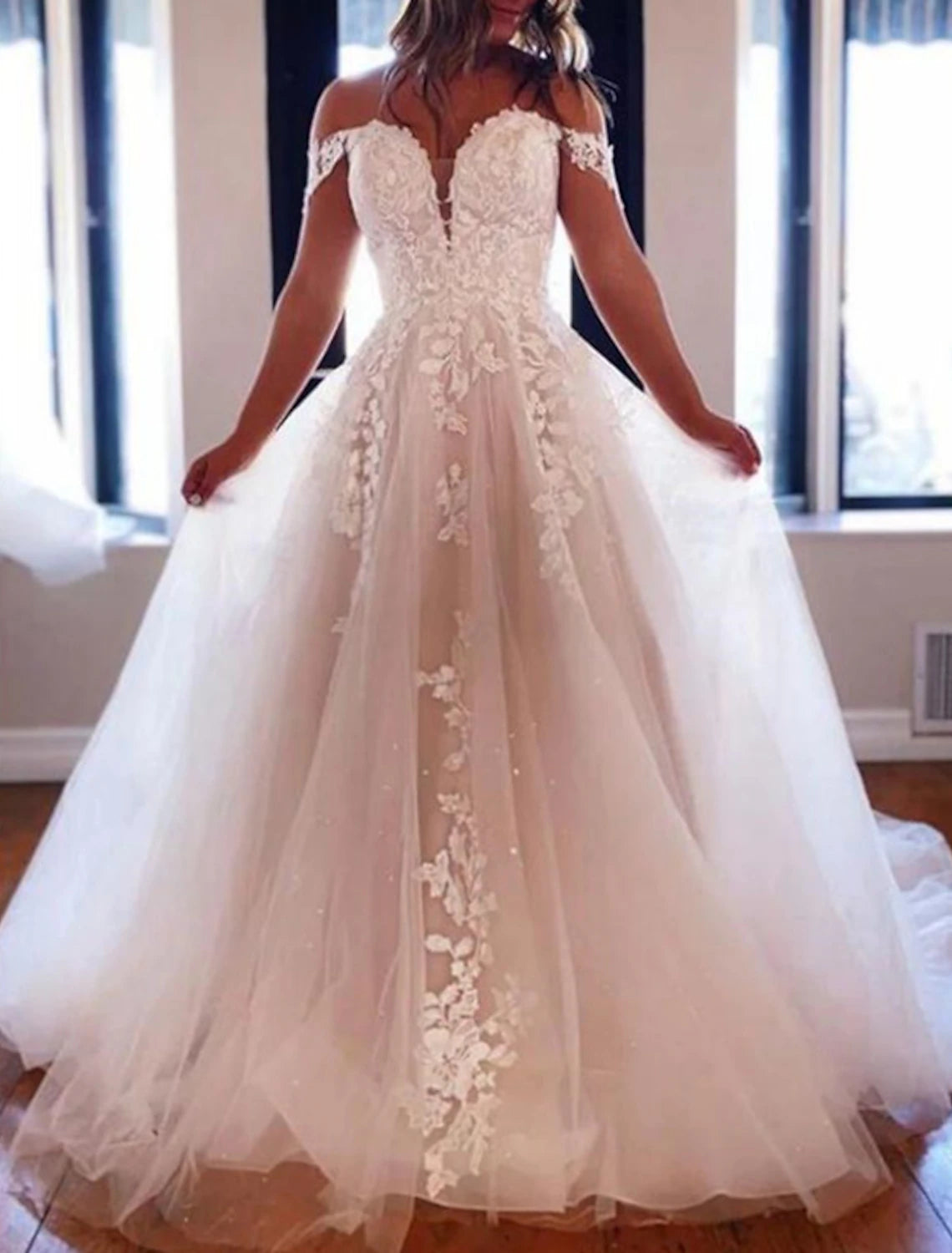 Vestidos de novia formales de compromiso, vestido de fiesta, hombros descubiertos, manga corta, cola capilla, vestidos de novia de encaje con botones y apliques