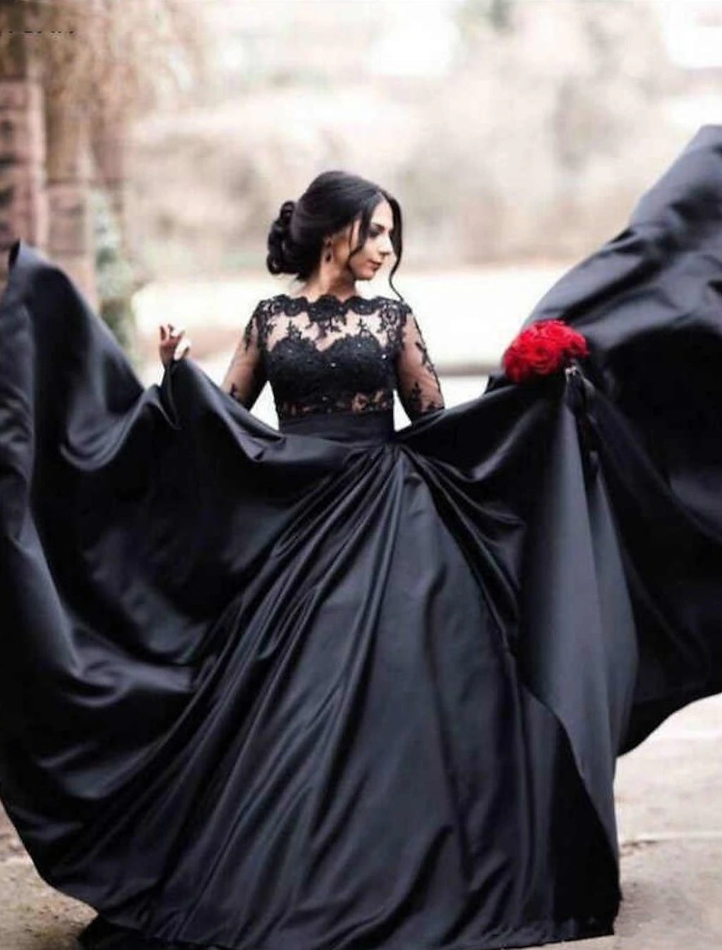 Black Lace & Satin A-Line Floor-Length Evening Dress