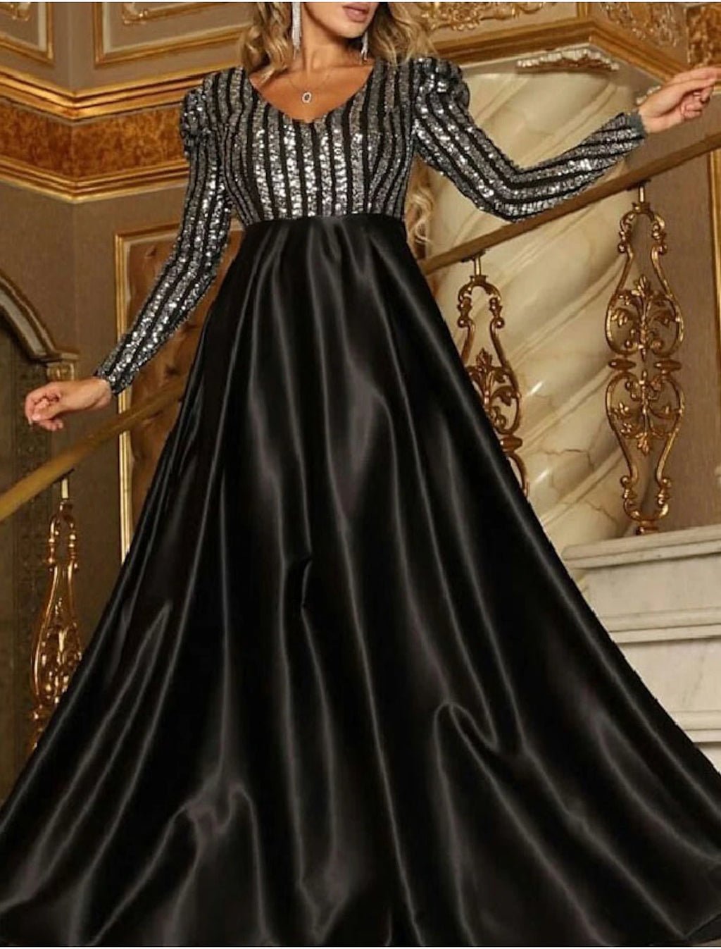 Emerald Sequin Satin A-Line Floor-Length Evening Dress