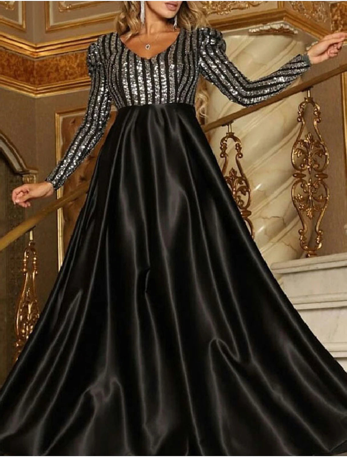 Emerald Sequin Satin A-Line Floor-Length Evening Dress