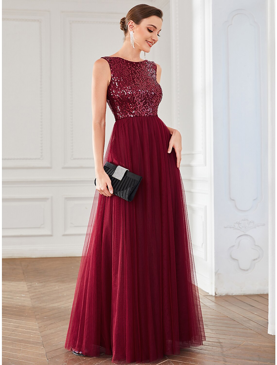 Burgundy Sequin Tulle A-Line Floor-Length Bridesmaid Dress