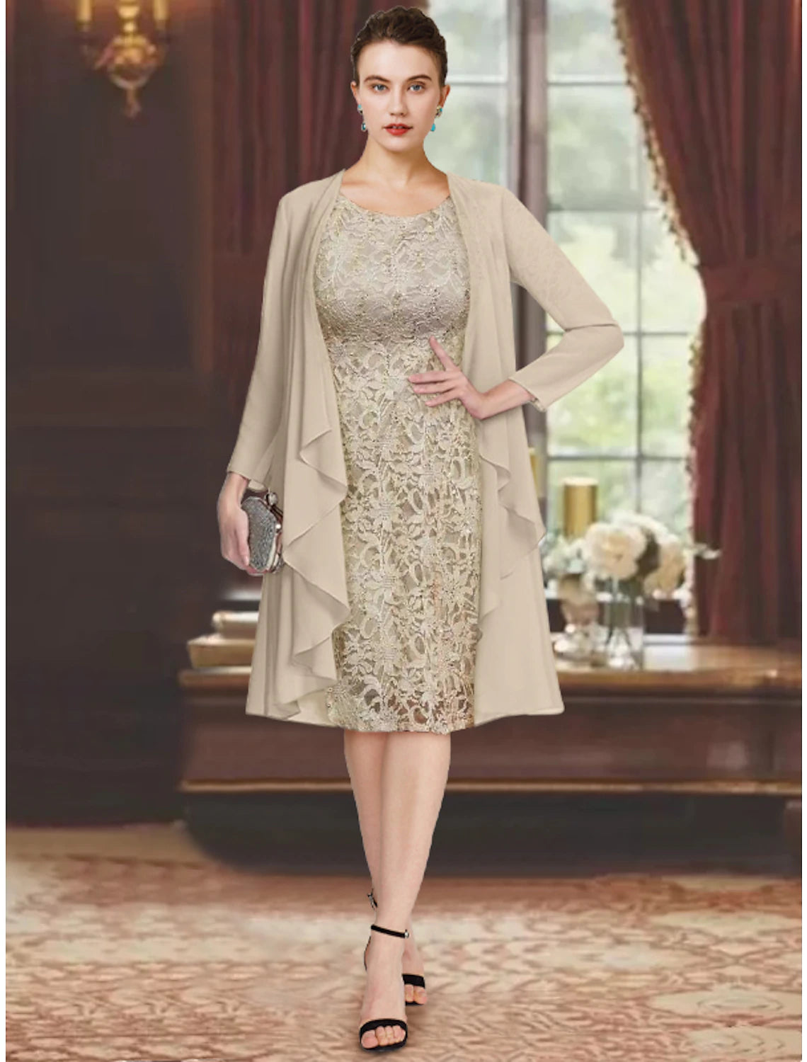 Vestido de dos piezas tipo tubo/columna para madre de la novia, elegante vestido formal para invitada de boda, escote redondo hasta la rodilla, de gasa, con encaje, manga corta, chaqueta, color liso