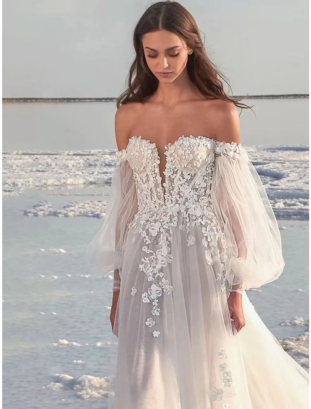 Vestidos de novia formales de playa, corte A, hombros descubiertos, manga larga, cola de corte, encaje, con apliques, para bodas de verano y otoño 2025, ropa de mujer
