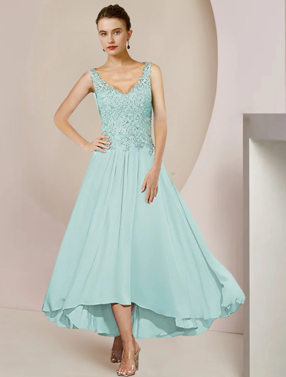 Vestido de dos piezas de corte A para madre de la novia, elegante, formal, para invitada de boda, escote en V alto y bajo, asimétrico, largo hasta la rodilla, de gasa, con encaje, mangas 3/4, cruzado incluido con apliques de lentejuelas