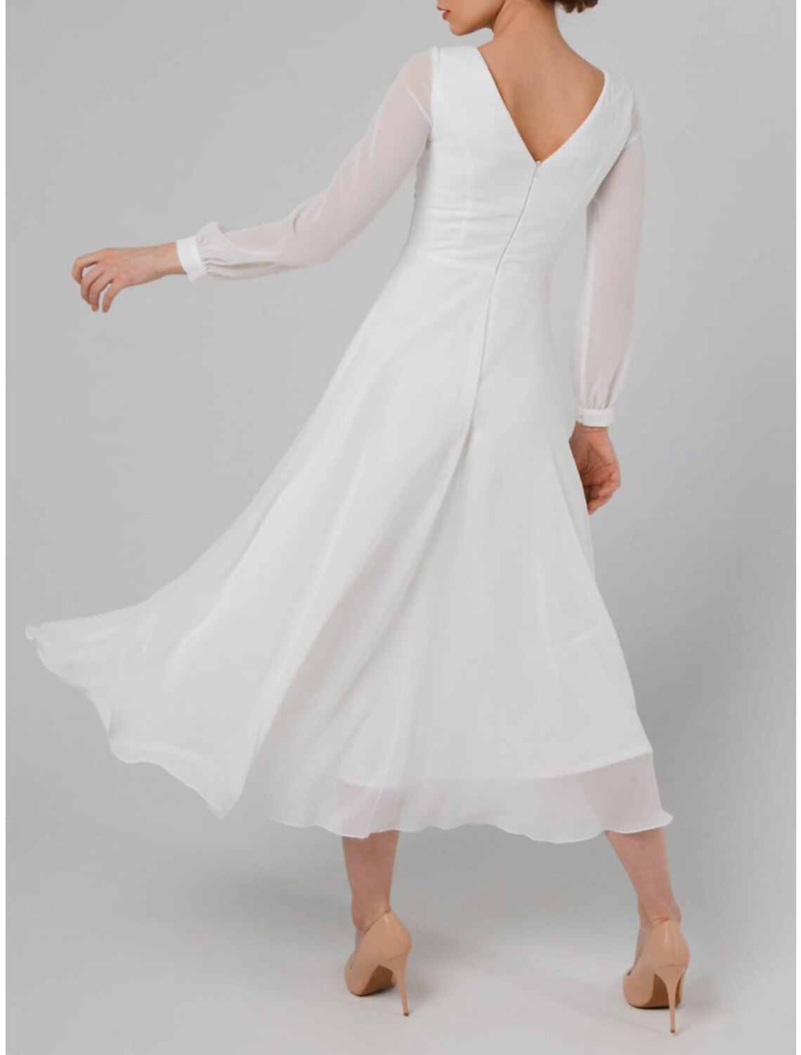 Ivory Chiffon A-Line Tea-Length Bridesmaid Dress with Sheer Long Sleeves