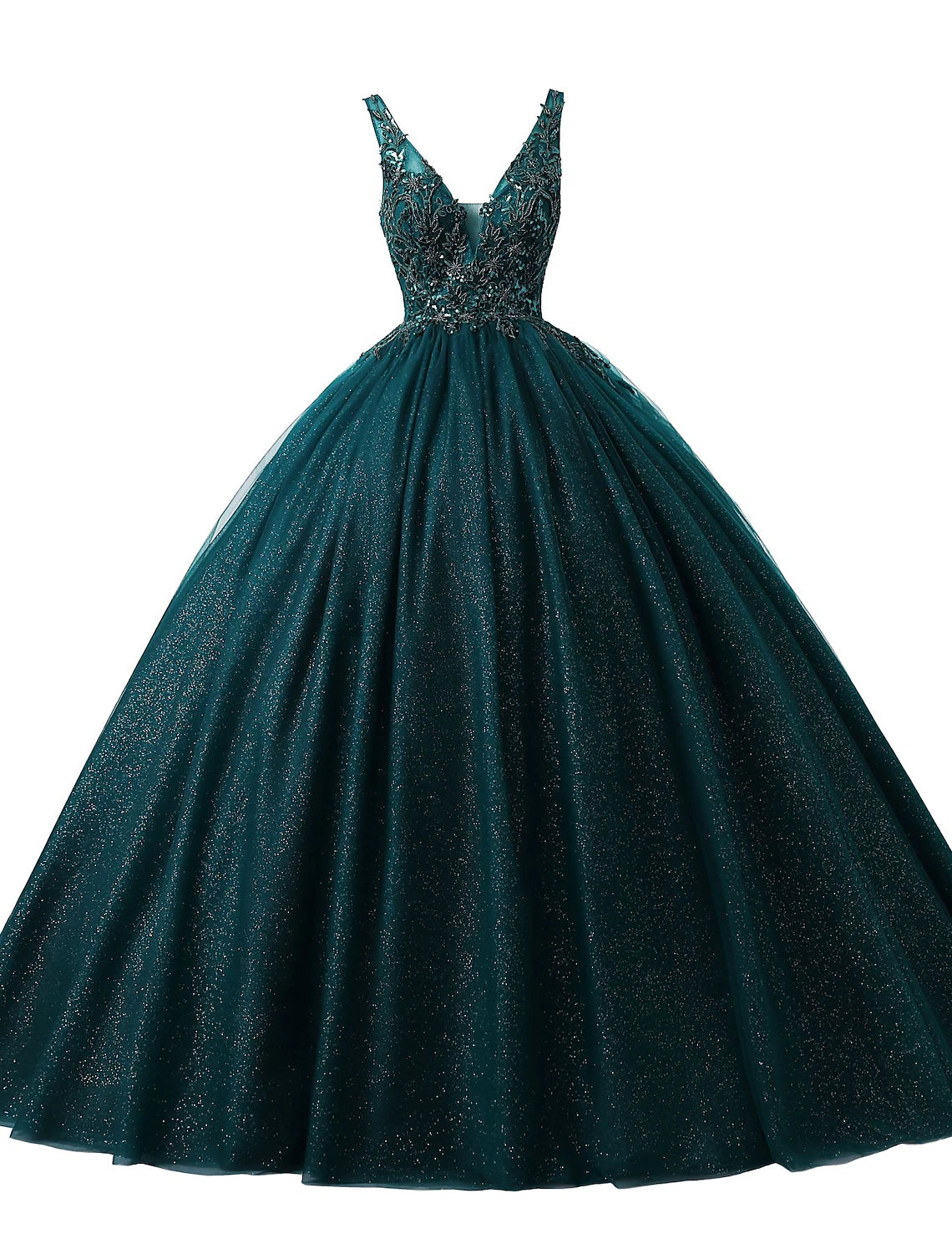 Vestido de fiesta con brillo y pedrería, para quinceañeras, cumpleaños, largo hasta el suelo, sin mangas, cuello en V, tul con apliques de lentejuelas.