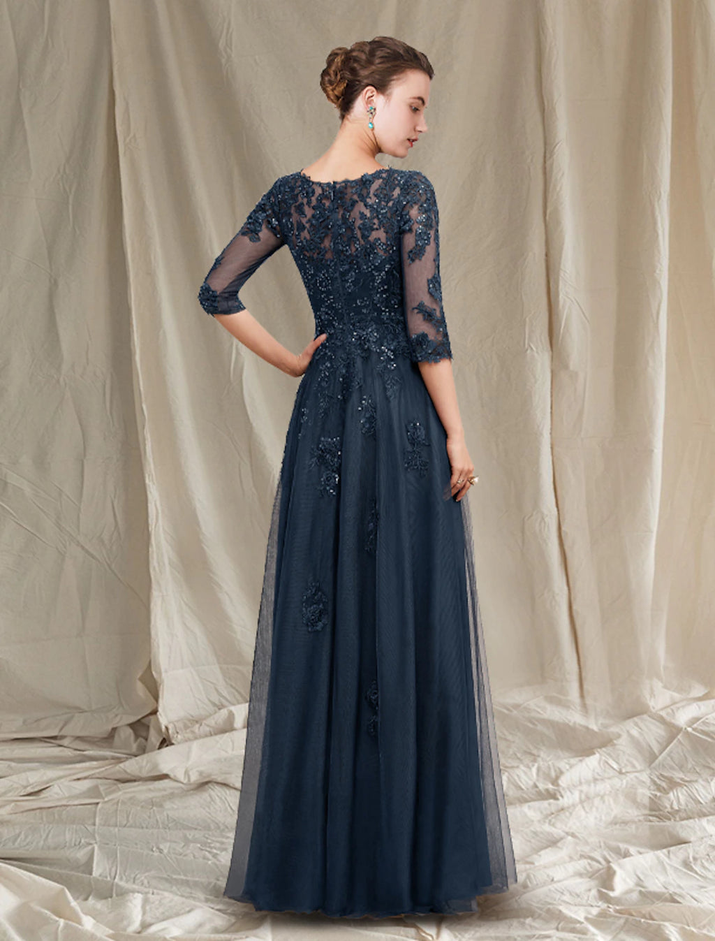 Vestido de madre de la novia de corte A, lujoso y elegante, con escote en V, largo hasta el suelo, de gasa, encaje, tul, media manga con apliques de lentejuelas