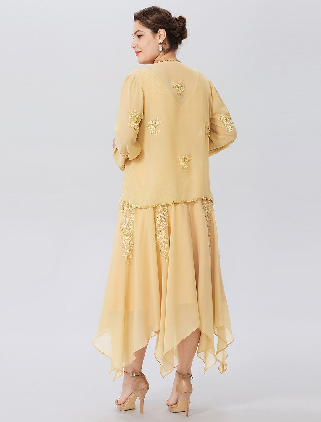 Butter Chiffon A-Line V-Neck Tea-Length Mother of the Bride Two-Piece Dress with Embroidery