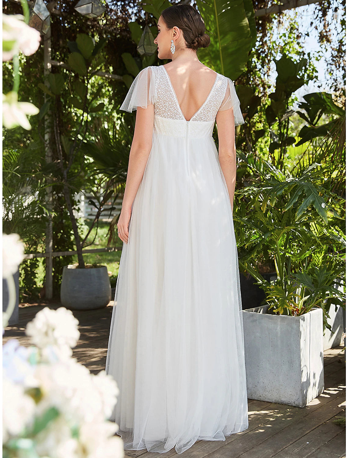 White Chiffon Empire V-Neck Floor-Length Dress with Lace Bodice and Flutter Sleeves