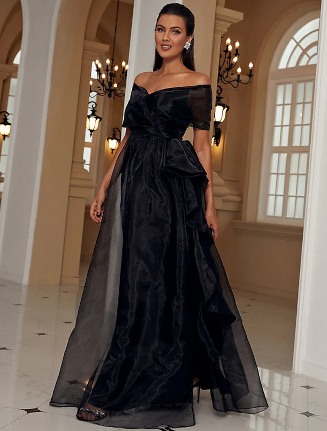 Black Off-the-Shoulder Chiffon A-Line Floor-Length Evening Gown