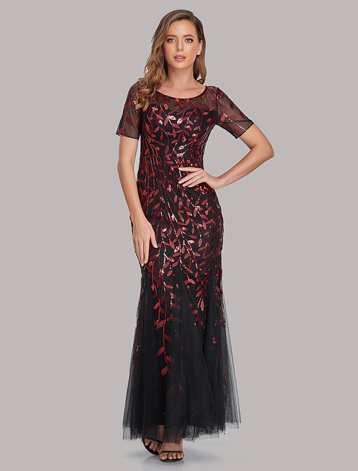 Vestido de sirena, vestido de noche, estilo imperio, vestido formal rojo y verde, largo hasta el suelo, manga corta, cuello joya, vestido de otoño para invitada de boda, tul con bordado