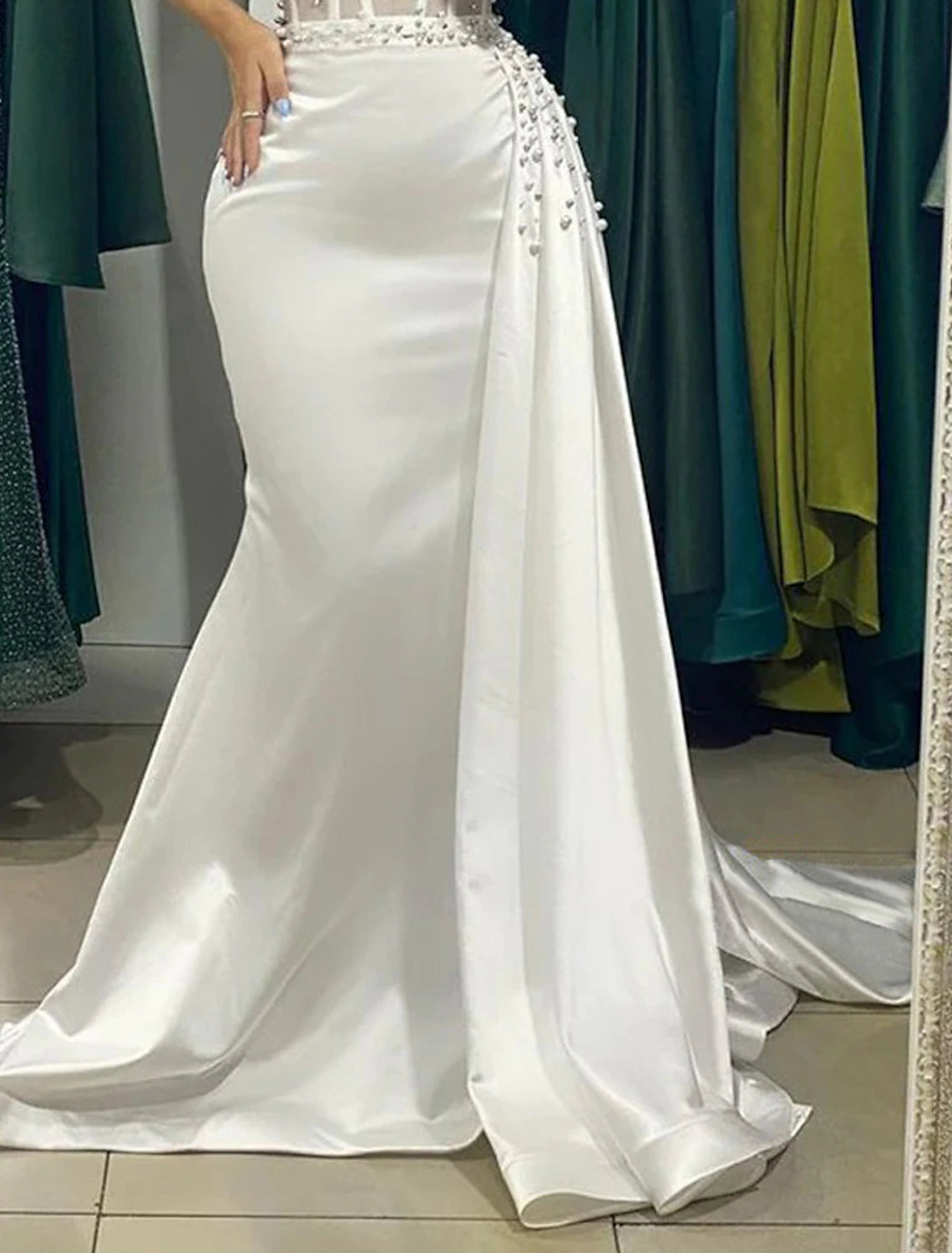 White Satin Mermaid Floor-Length Dress with Beaded Sweetheart Bodice