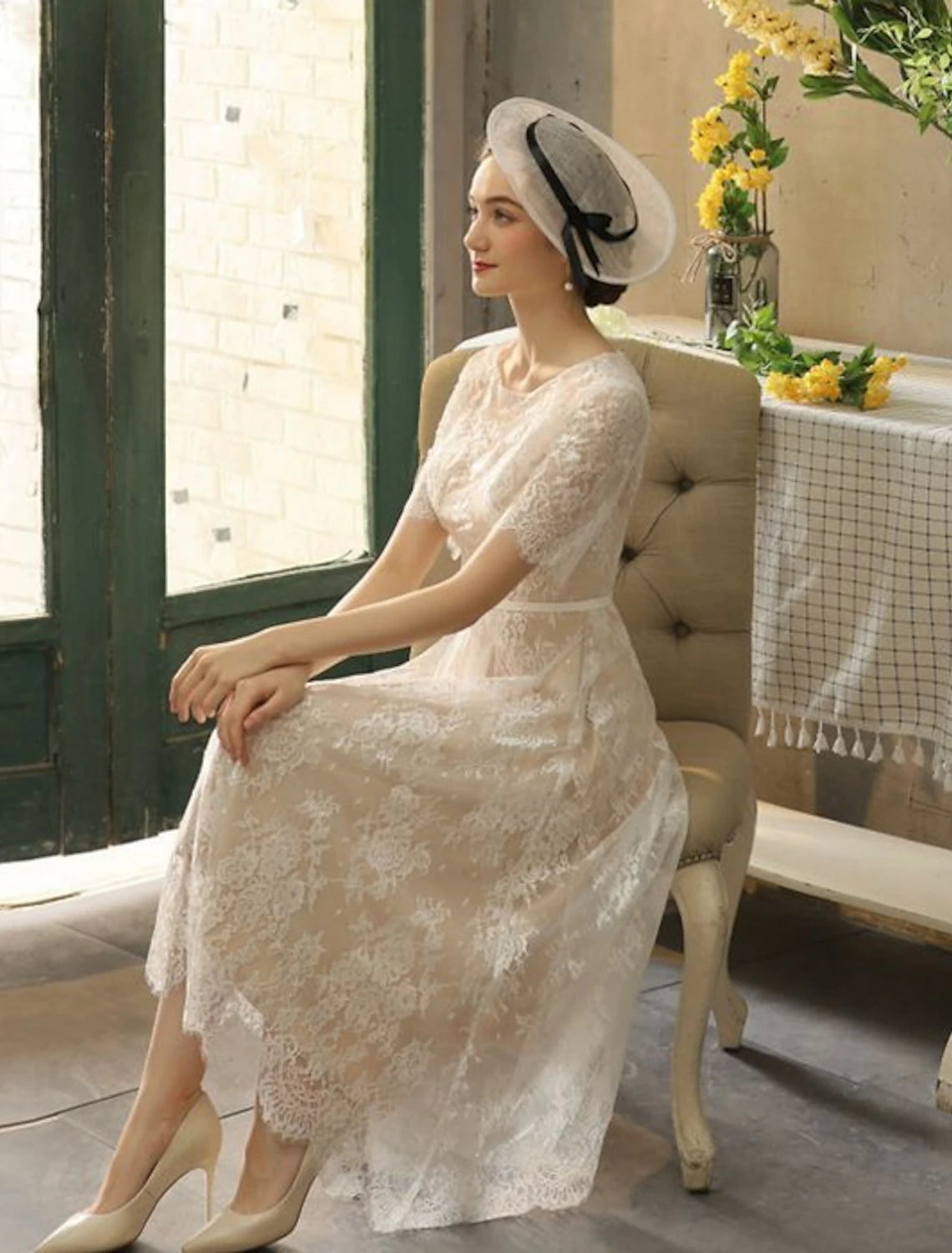 Ivory Lace Tea-Length Bridesmaid Dress with Boat Neck & Back Zip