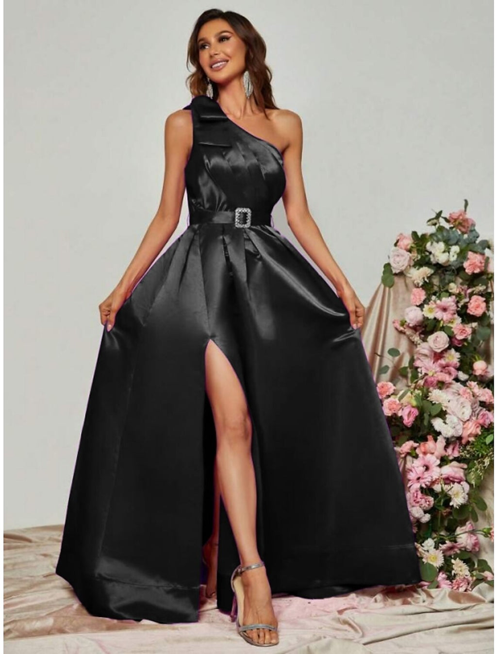 Black Satin One Shoulder A-Line Floor-Length Evening Dress