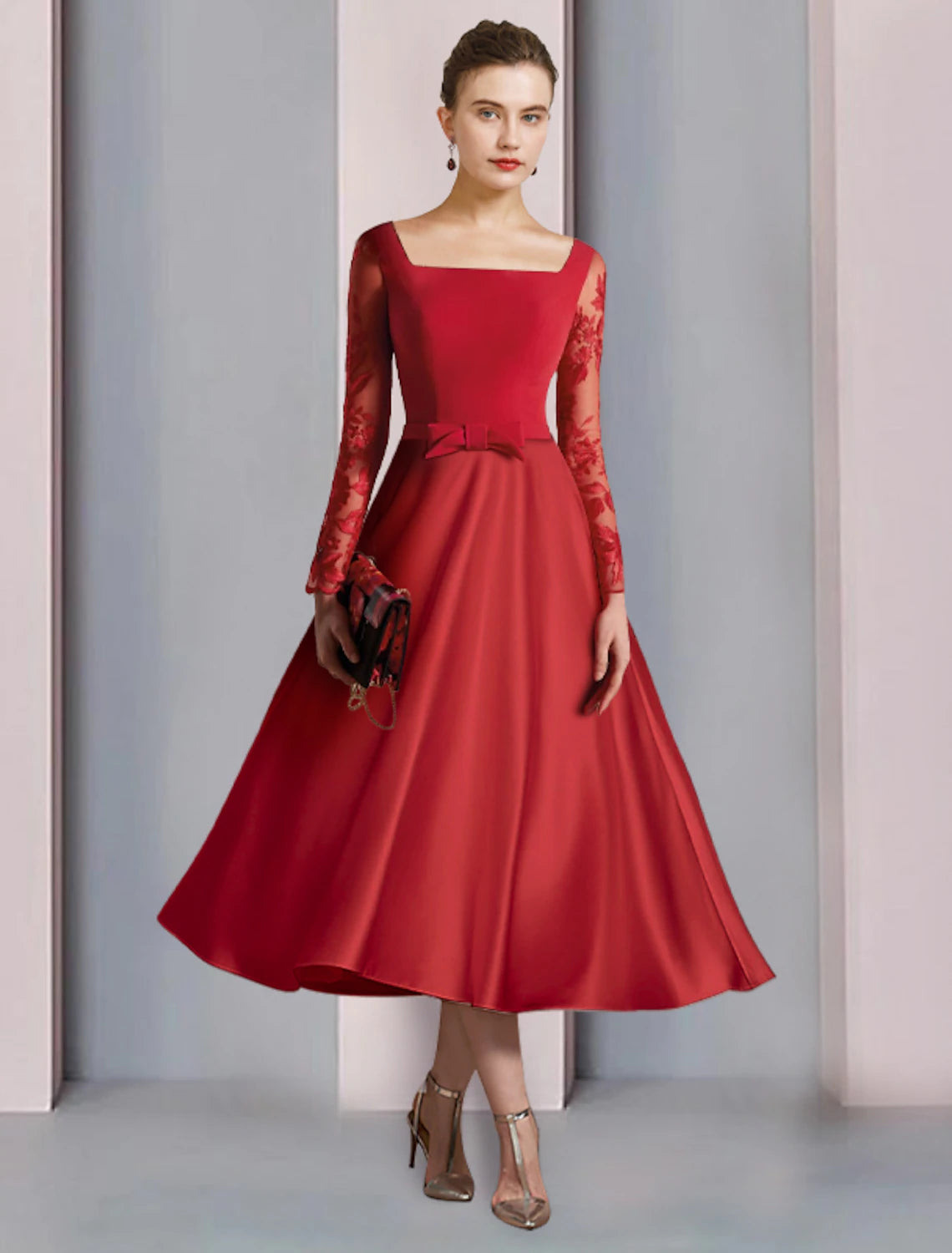 Abito da cerimonia per la madre della sposa, a trapezio, elegante, vintage, con scollo quadrato, lunghezza tè, in raso e pizzo, a maniche lunghe, con fiocco/i e applicazioni