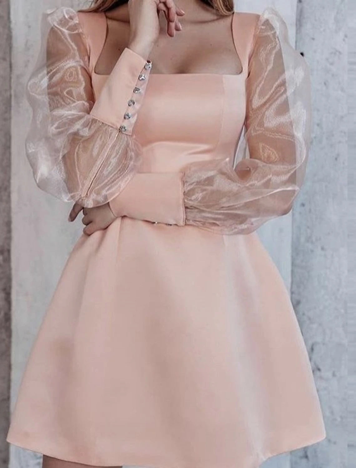 Abiti da ballo a trapezio, abito nero, per ballo di fine anno, laurea, corto/mini, manica lunga, scollo a barchetta, in organza con bottoni