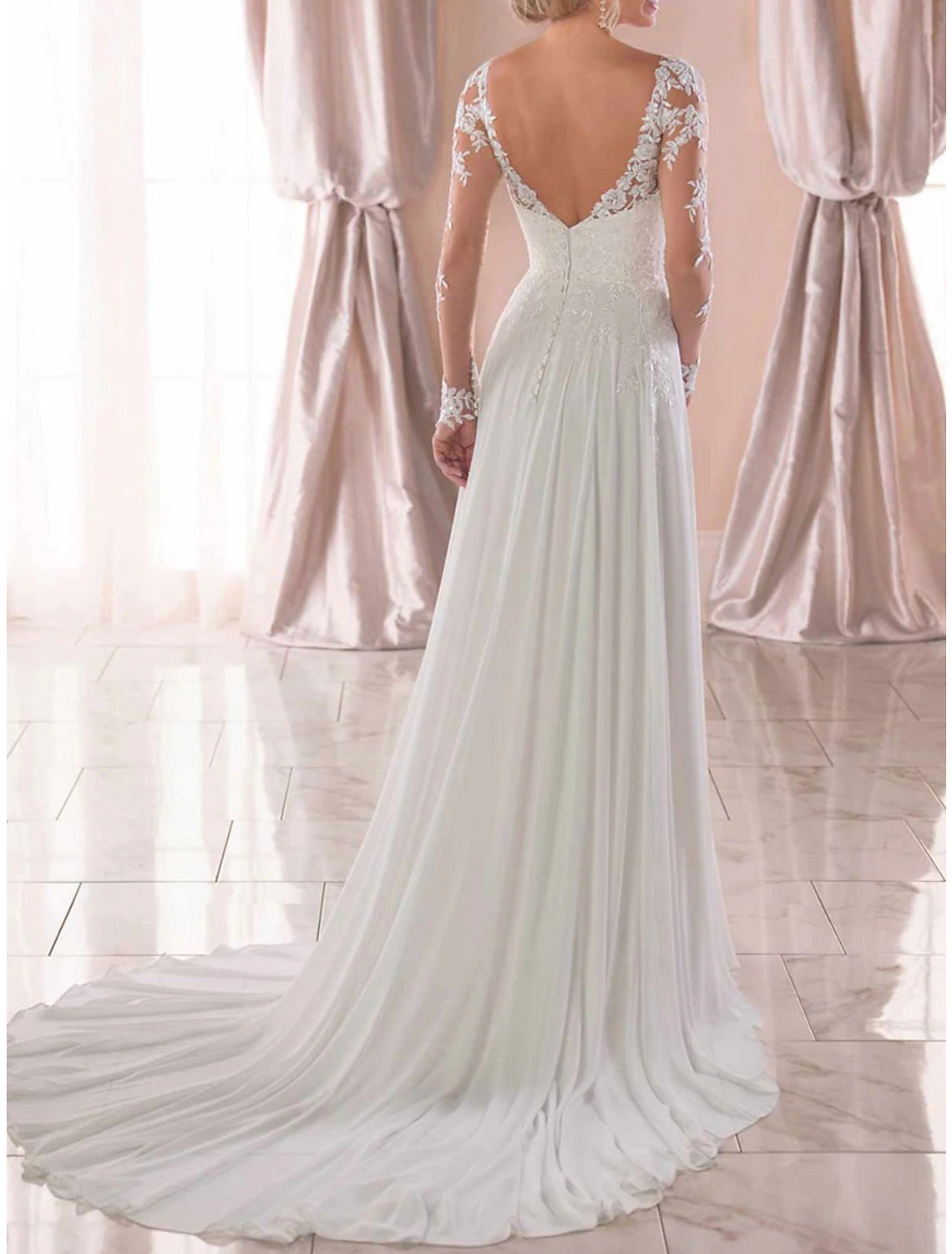 Abiti da ballo a trapezio, eleganti, per invitati a nozze, per feste di nozze, con strascico a ruota, maniche lunghe, scollo a V, in chiffon con applicazioni