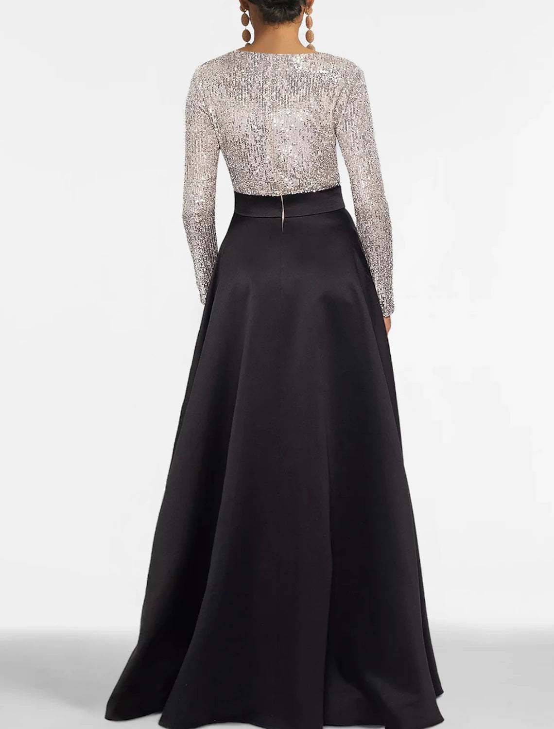 Abito da sera a trapezio, elegante, formale, lungo fino al pavimento, manica lunga, scollo a V, per invitati a nozze, in raso con tasca in paillettes