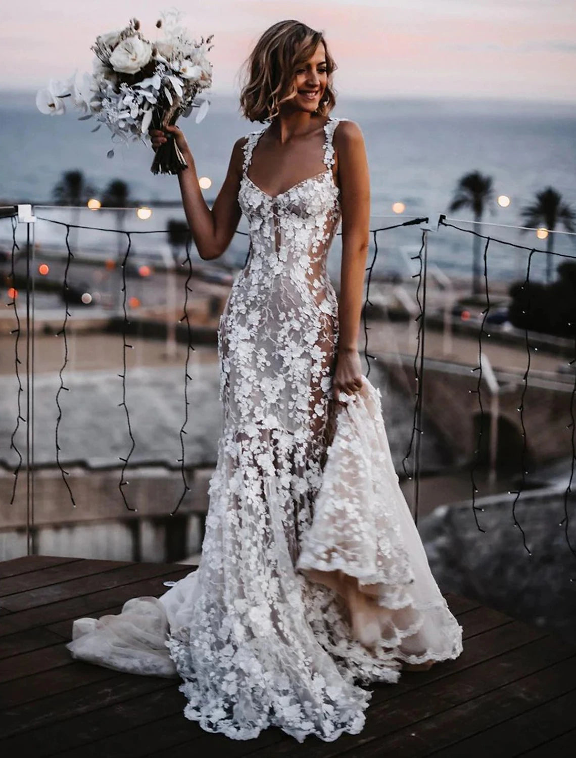 Vestidos de novia bohemios sexys de playa, corte sirena/trompeta, escote corazón, tirantes finos, cola de corte, encaje, con apliques, para bodas de verano y otoño 2025, ropa de mujer