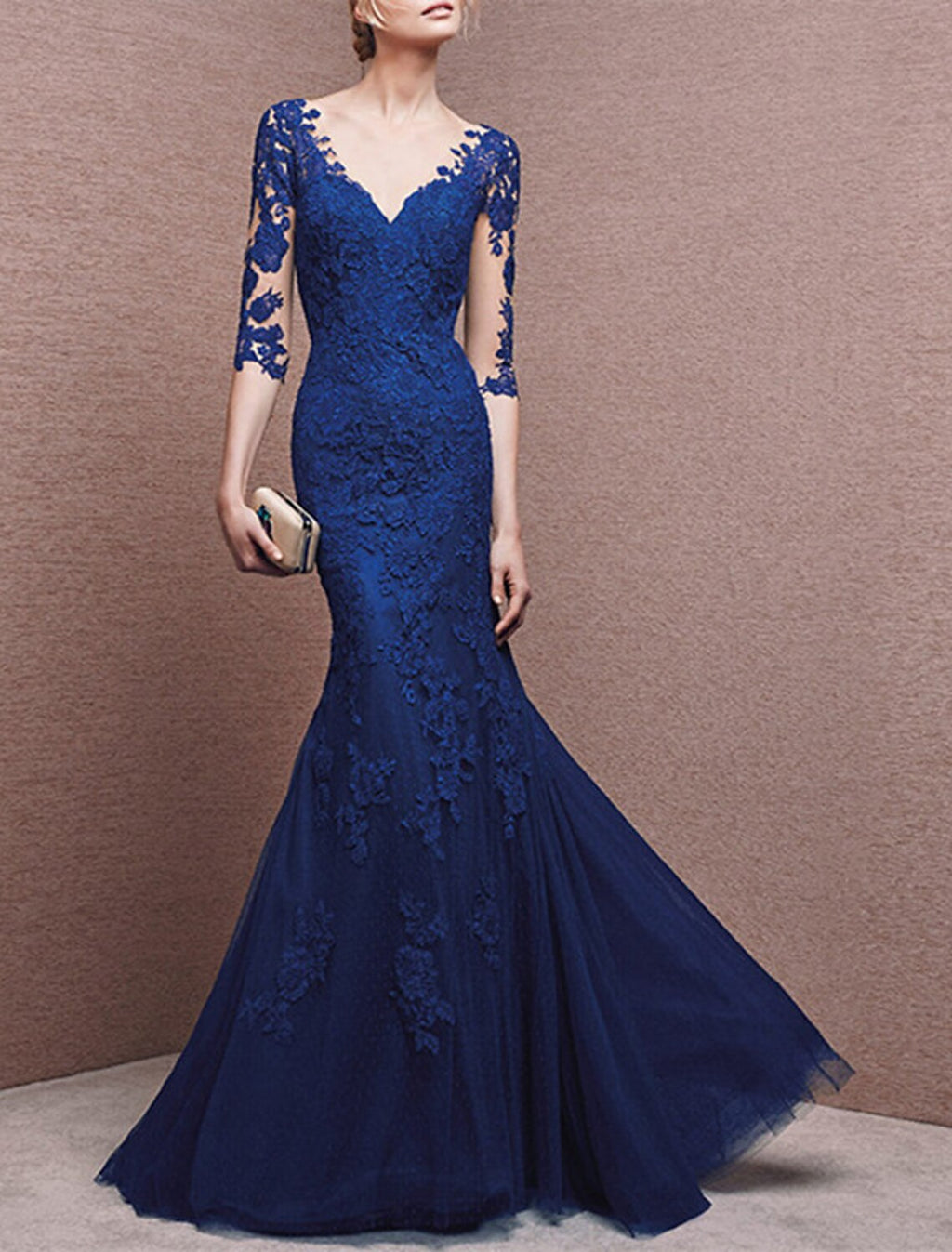 Dark Navy Lace Mermaid Floor-Length Gown with V-Neck and 3/4 Sleeves