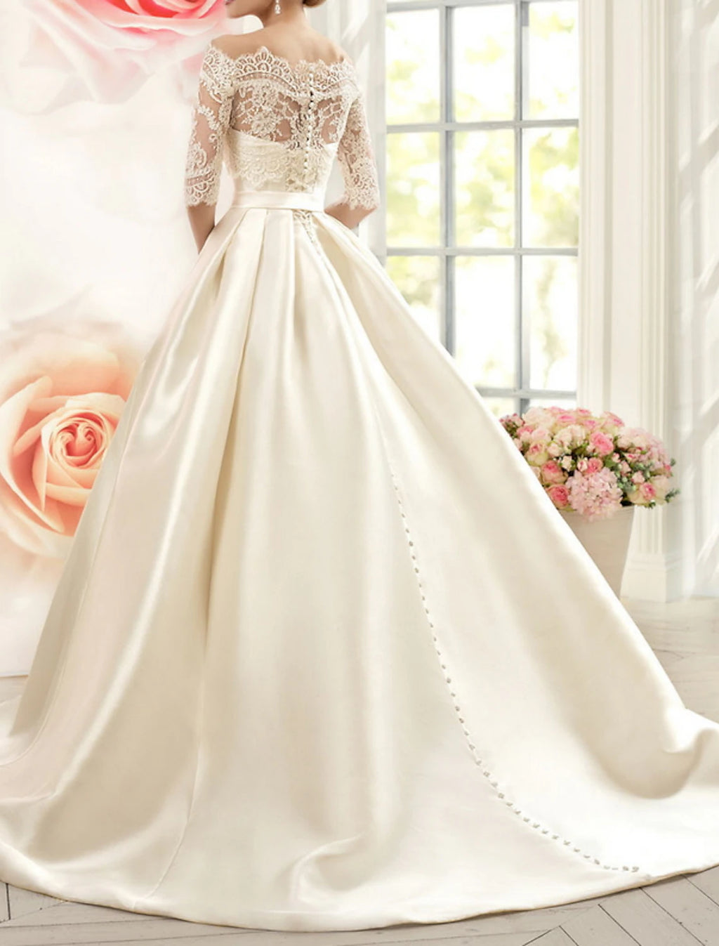 Vestidos de novia formales de compromiso, vestido de fiesta, hombros descubiertos, media manga, cola de corte, vestidos de novia de satén con lazo(s) y pliegues