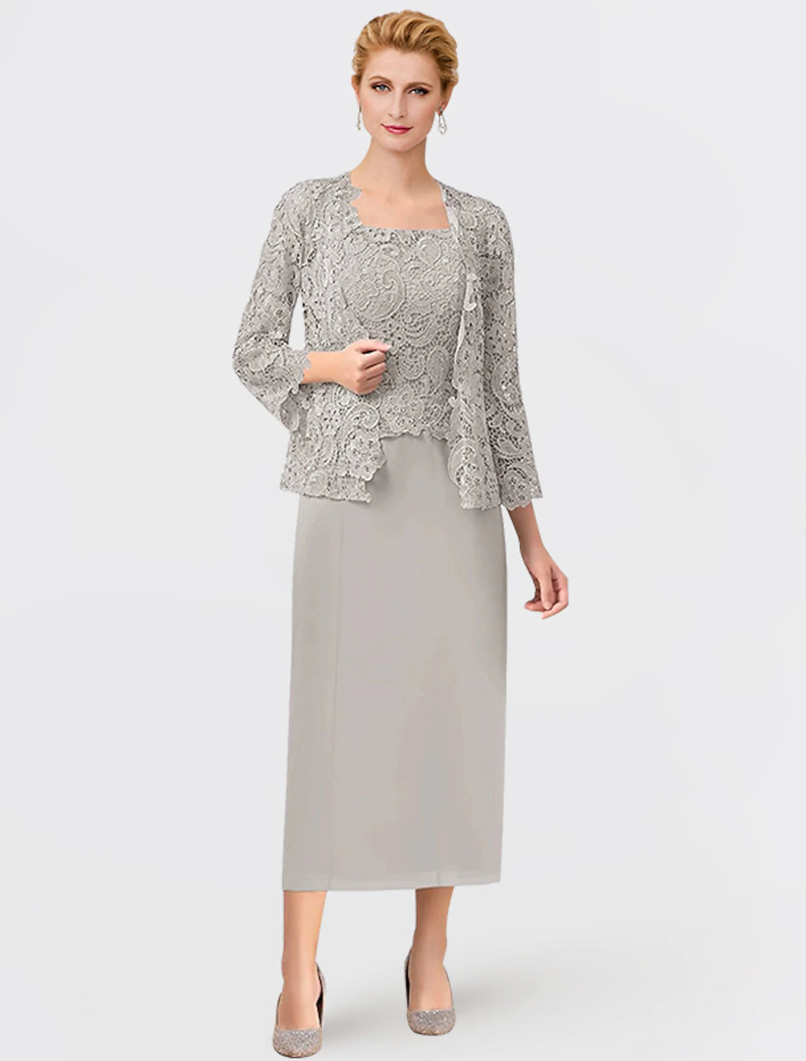 Vestido de dos piezas para madre de la novia, formal, para invitada de boda, elegante, escote cuadrado, largo hasta los tobillos, de gasa, con encaje, sin mangas, cruzado, incluido con apliques