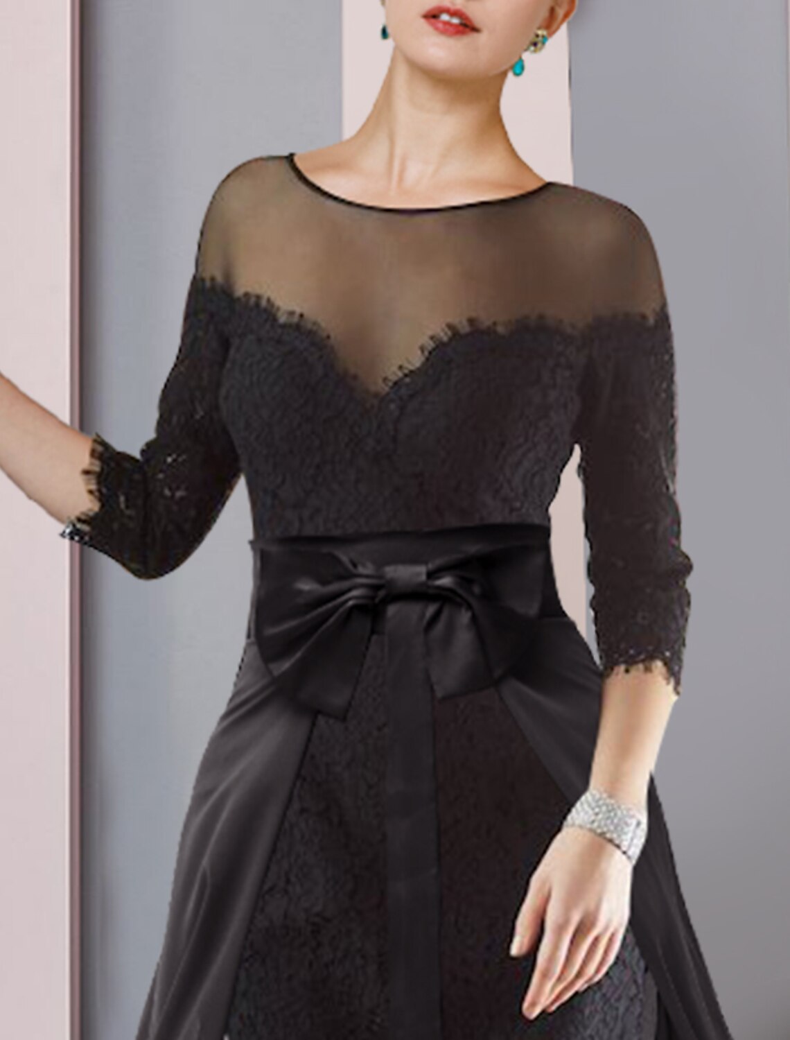 Vestido de dos piezas tipo tubo/columna para madre de la novia, elegante, desmontable, escote redondo, largo hasta la rodilla, de gasa, con encaje, manga 3/4 y aplique de lazo(s).