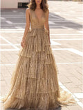 Gold Glitter A-Line V-Neck Floor-Length Evening Dress