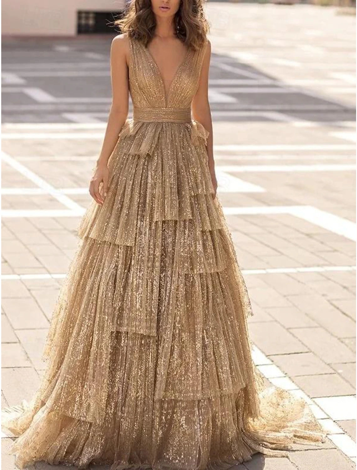 Gold Glitter A-Line V-Neck Floor-Length Evening Dress