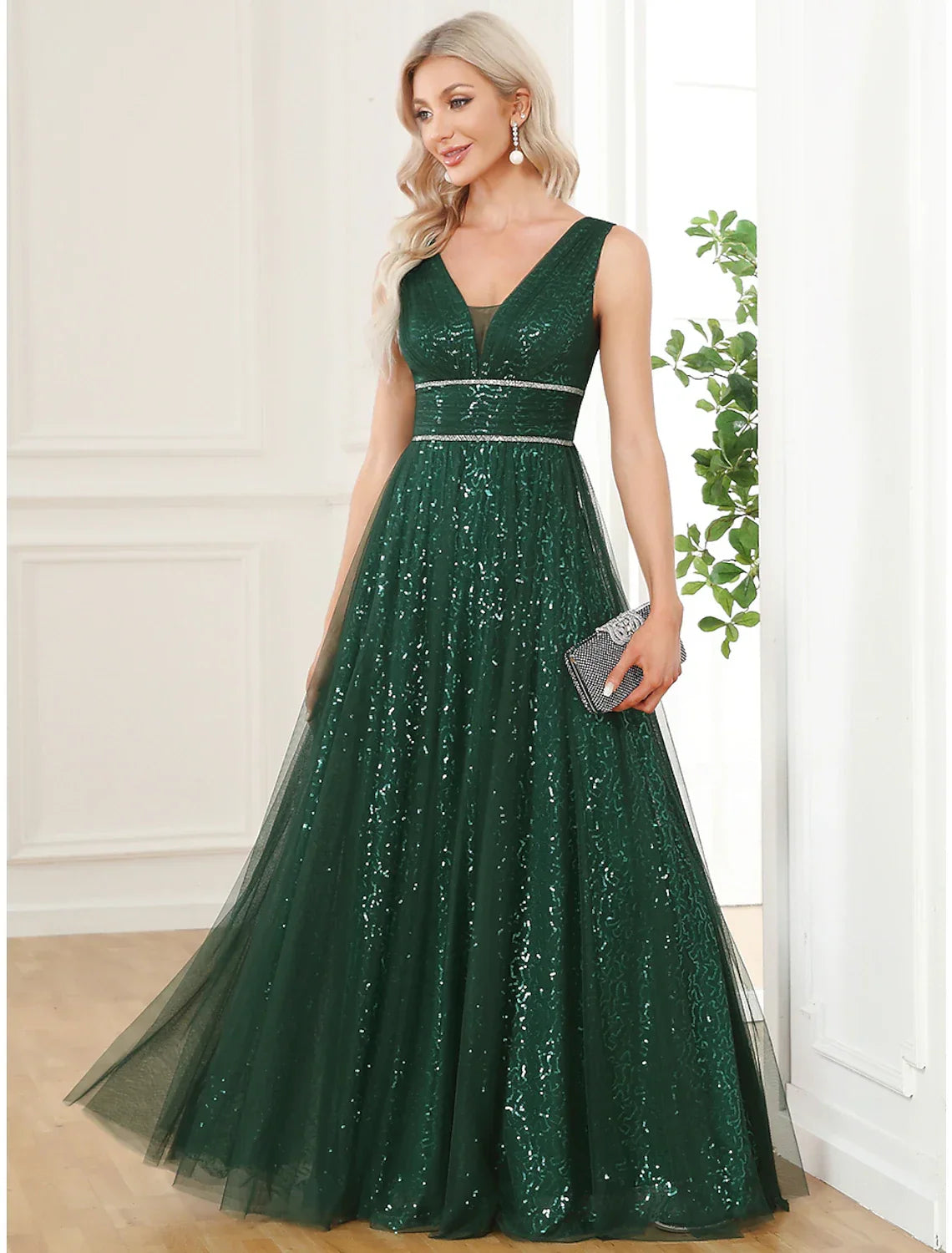 Emerald Chiffon Sequin A-Line V-Neck Floor-Length Evening Dress