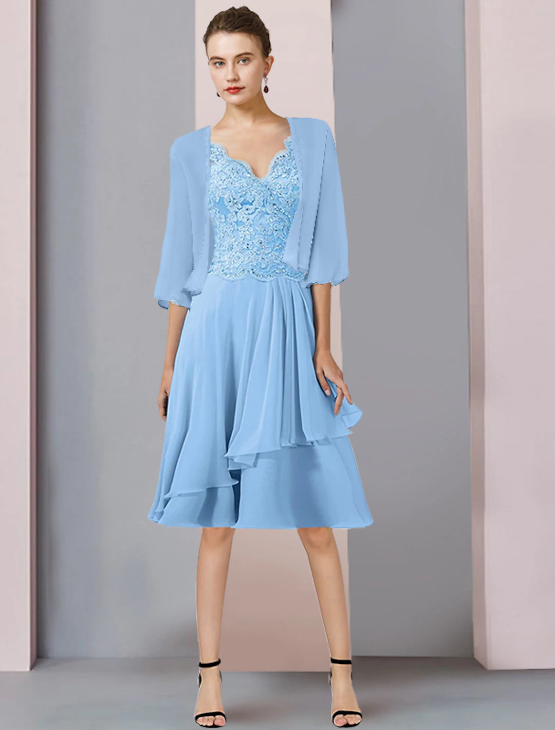 Pink Chiffon A-Line Knee-Length Evening Dress with V-Neck Neckline