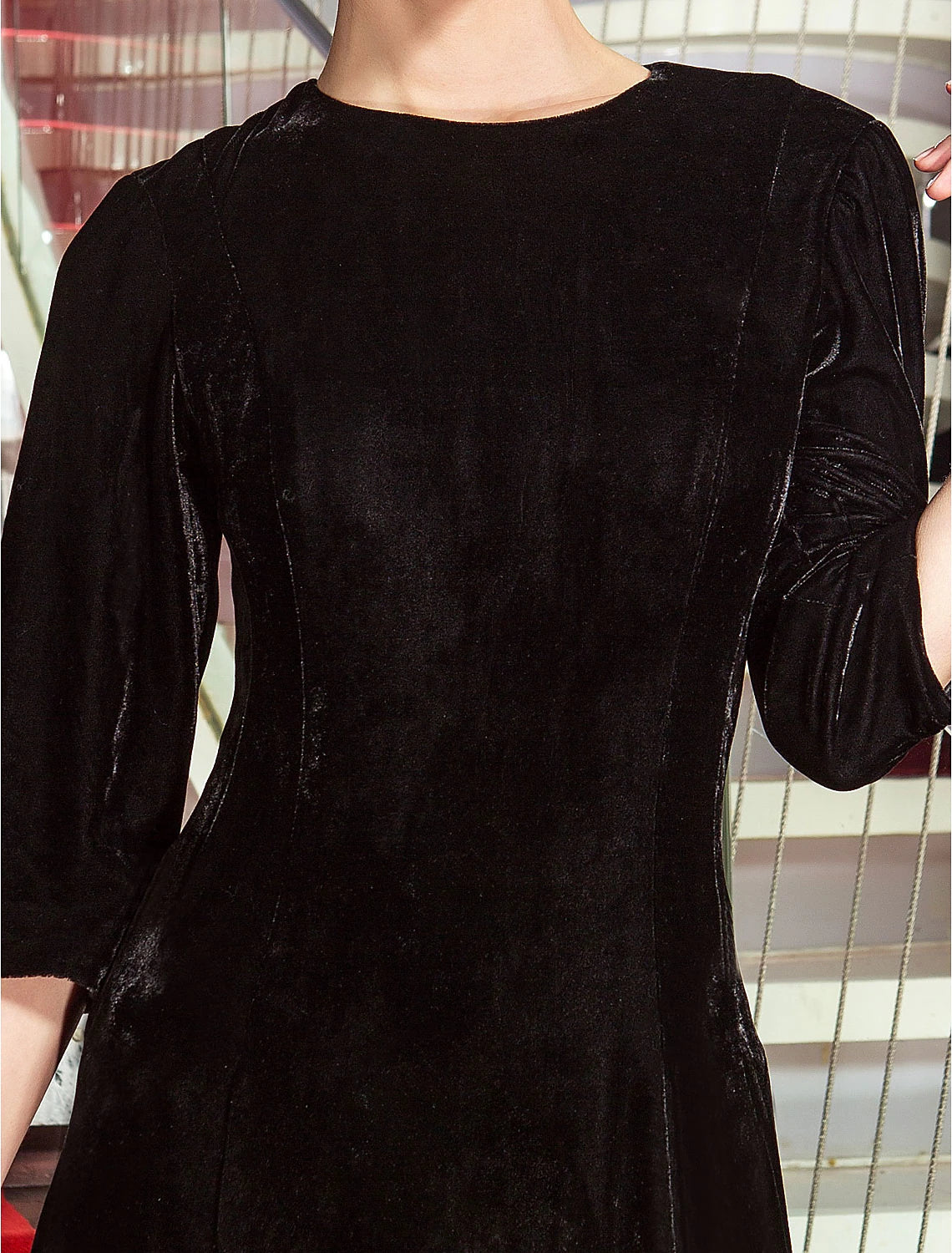 Black Velvet A-Line Floor-Length Evening Dress with Three-quarter Sleeves