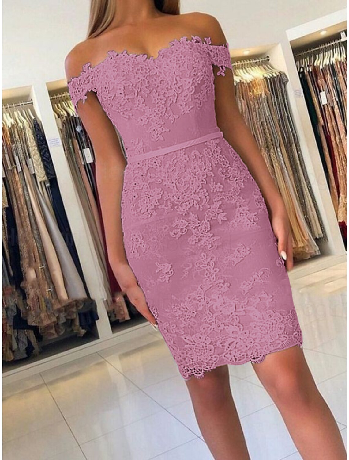 Sheath / Column Homecoming Dresses Floral Dress Holiday Cocktail Party Short / Mini Sleeveless Off Shoulder Lace with Appliques