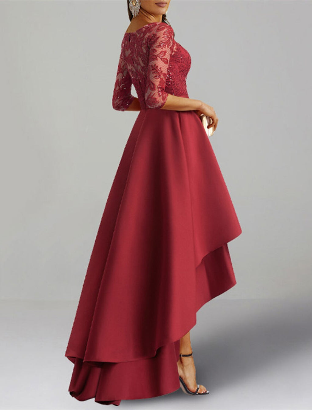 Burgundy Lace Satin A-Line Asymmetrical Evening Dress