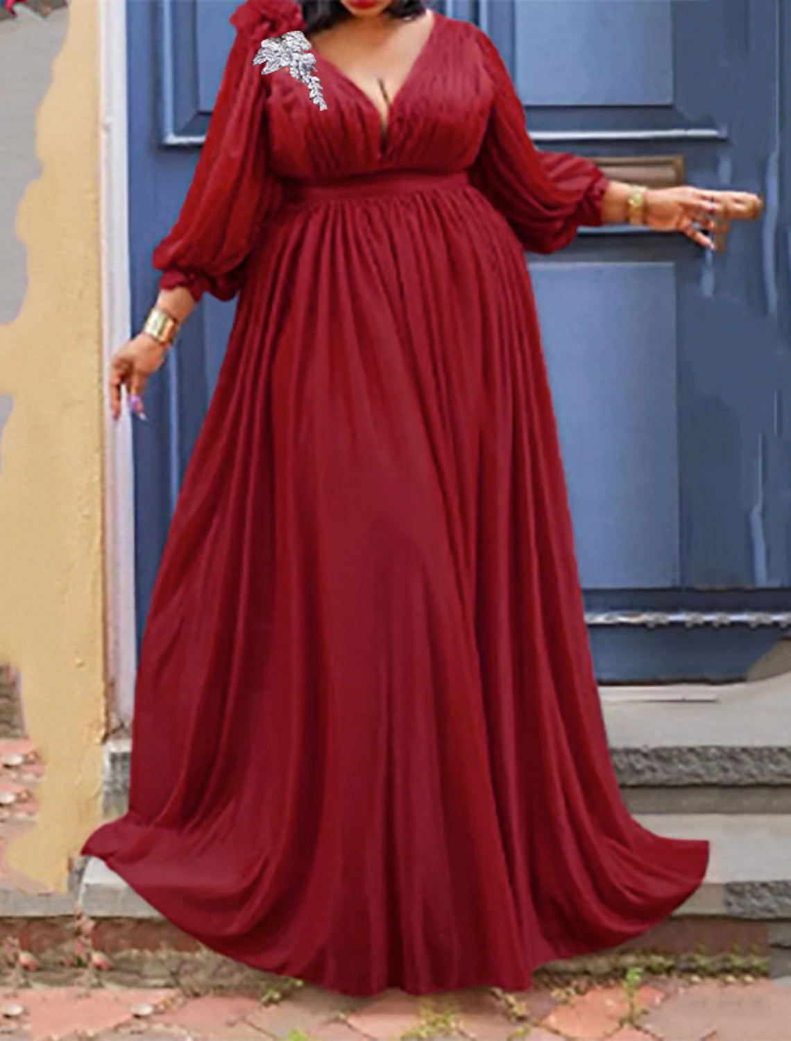 Women‘s Plus Size Curve Party Dress Solid Color V Neck Ruched 3/4 Length Sleeve Spring Fall Elegant Formal Prom Dress Maxi long Dress Party Back to School Dress Homecoming Dress
