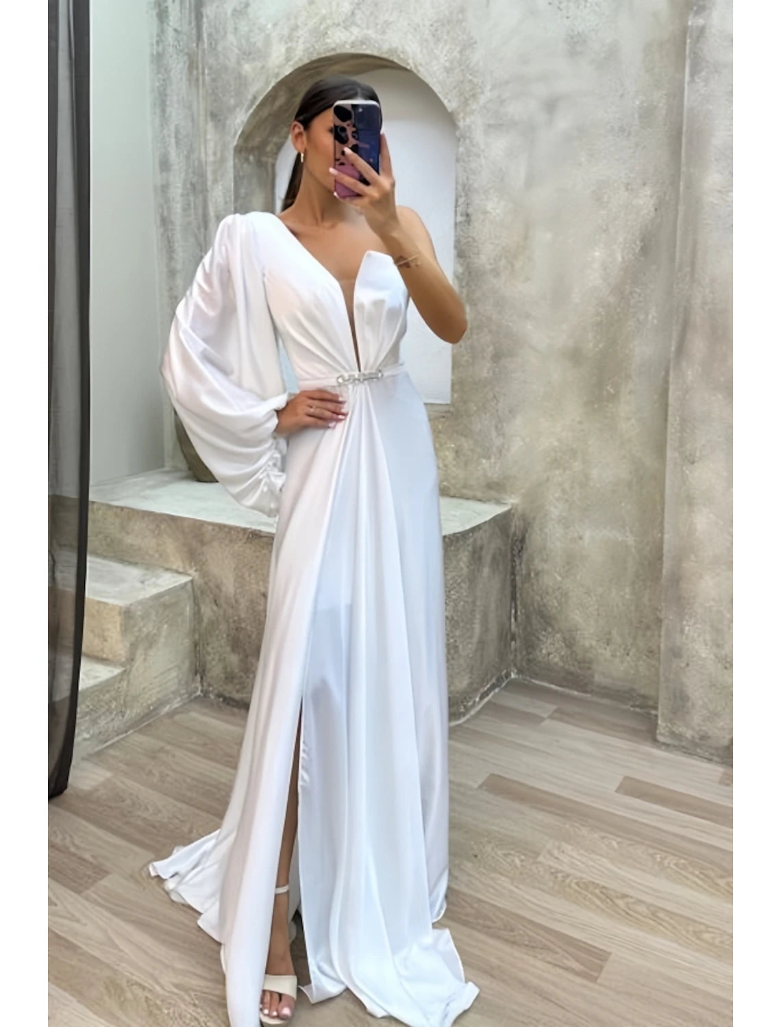Black Satin One-Shoulder V-Neck Floor-Length Evening Gown with High Slit