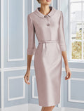Blushing Pink Satin Sheath/column Knee-Length Dress with Embellished Peter Pan Collar