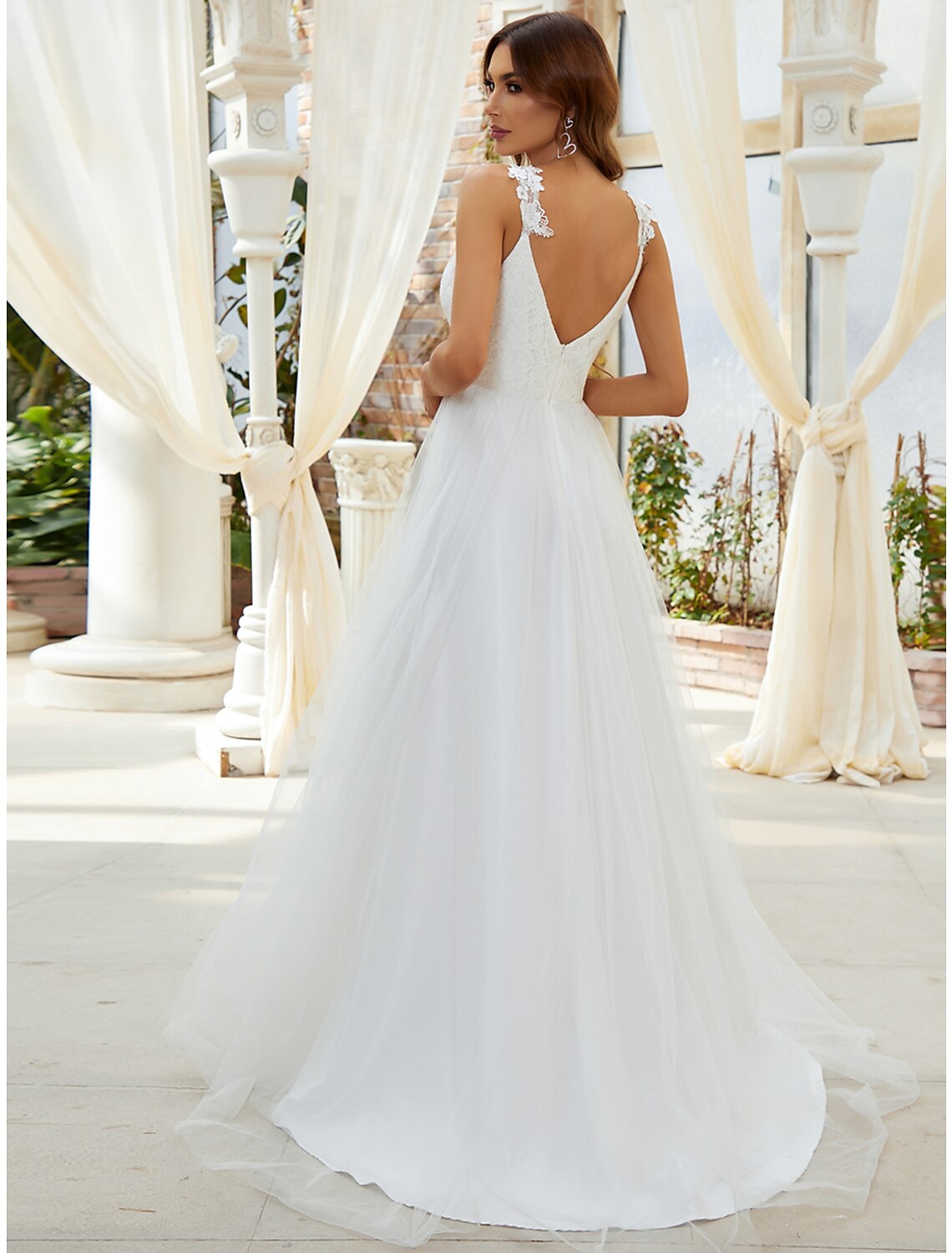 Abiti da sposa casual da ricevimento, a trapezio, con scollo a cuore, spalline regolari, strascico a ruota, in tulle, con applicazioni di cristalli, per matrimoni estivi e feste, abbigliamento da donna