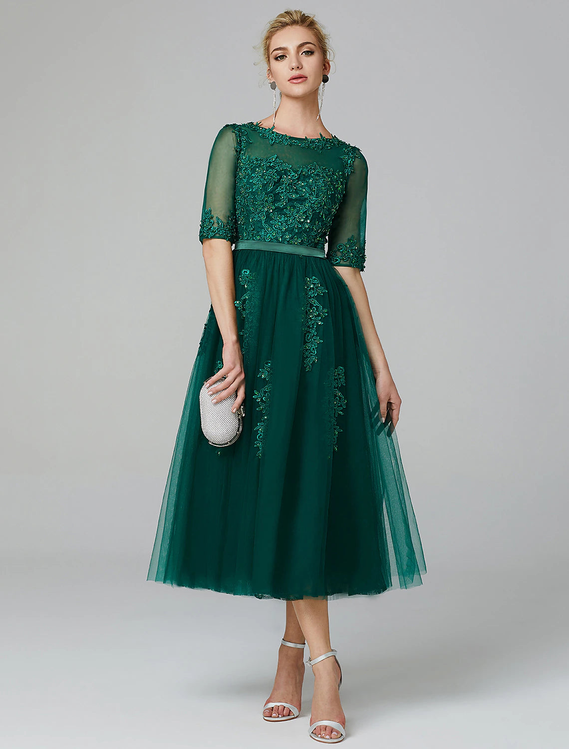 Abito da sera formale a trapezio, stile Kentucky Derby, lunghezza tè, senza maniche, scollo a V, in pizzo su tulle con applicazioni di paillettes, per invitati a nozze