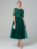 Emerald Green Tulle A-Line Tea-Length Bridesmaid Dress with Embellished Sheer Bodice